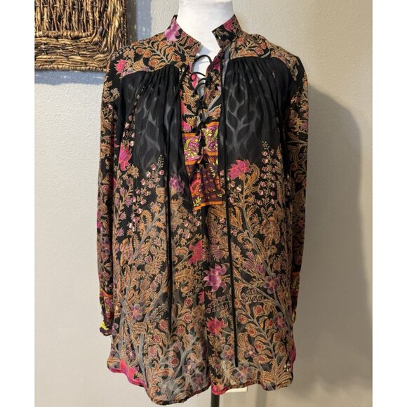 Tracy Reese Top 4 Silk Long Sleeve Floral Burnout Paisley Romantic Fairy Flowy - Picture 2 of 10